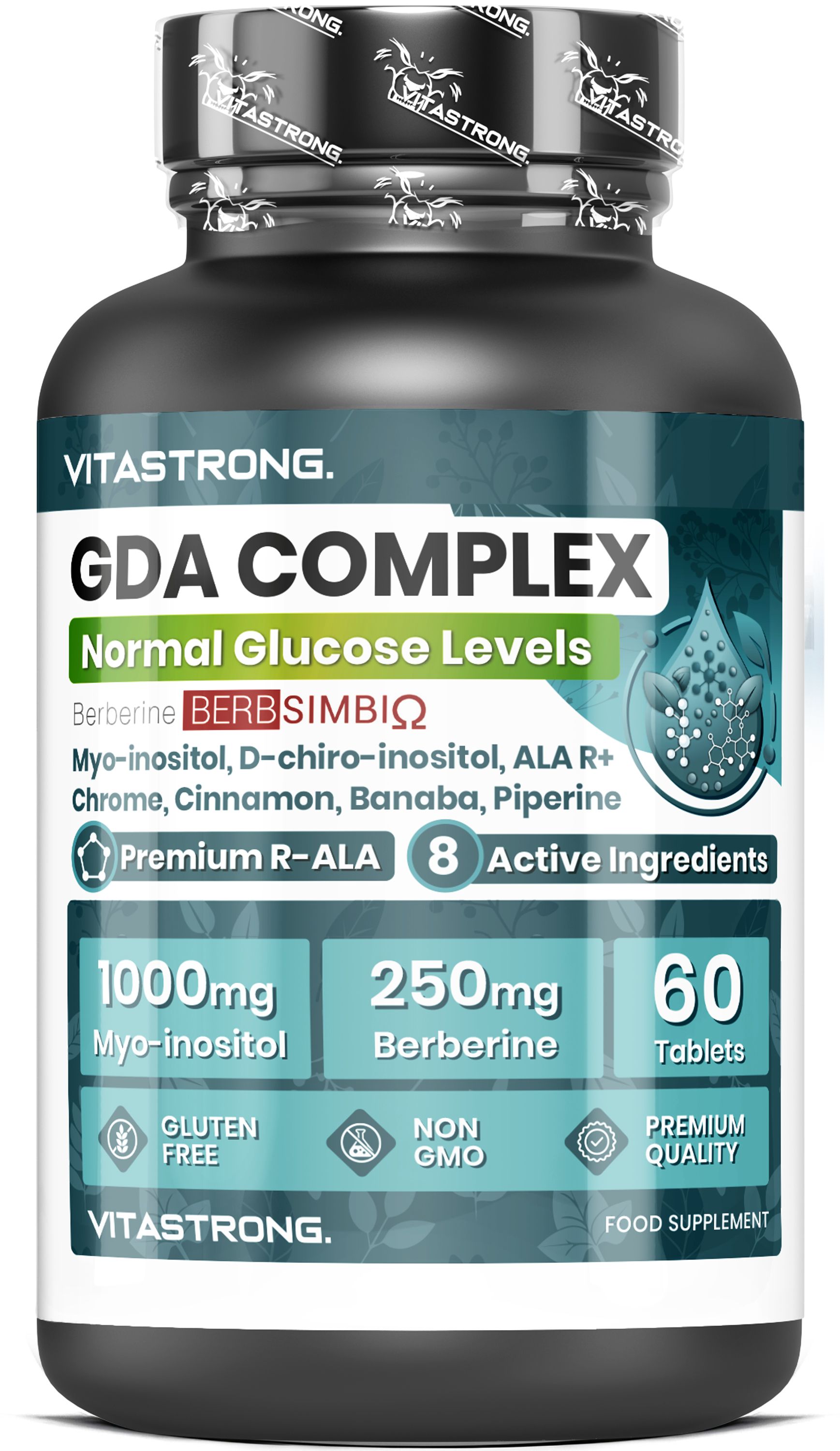 Bouteille Vitastrong GDA Complex de 60 comprimés, soutient les niveaux normaux de glucose.