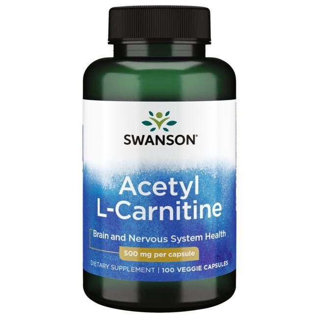 Flacon vert avec étiquette blanche. Inscription: SWANSON, Acetyl L-Carnitine, 500 mg par capsule, 100 capsules végétales.