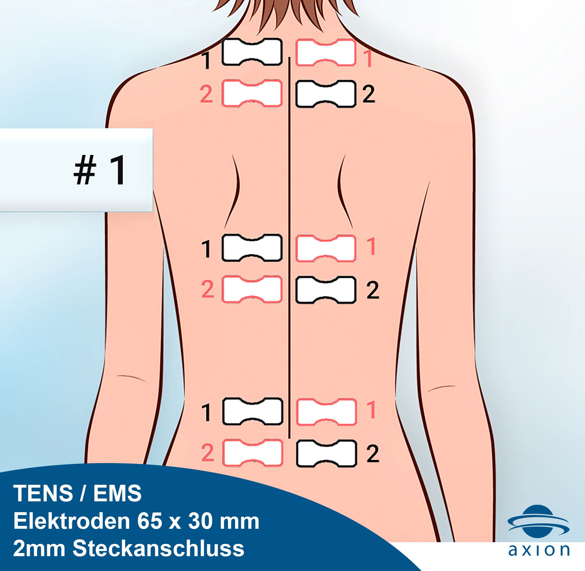 Rug met acht elektrodenpads. Rechthoekige vorm. Witte oppervlakte. Tekst: TENS/EMS Elektroden 65 x 30 mm 2mm Steckanschluss. axion logo.