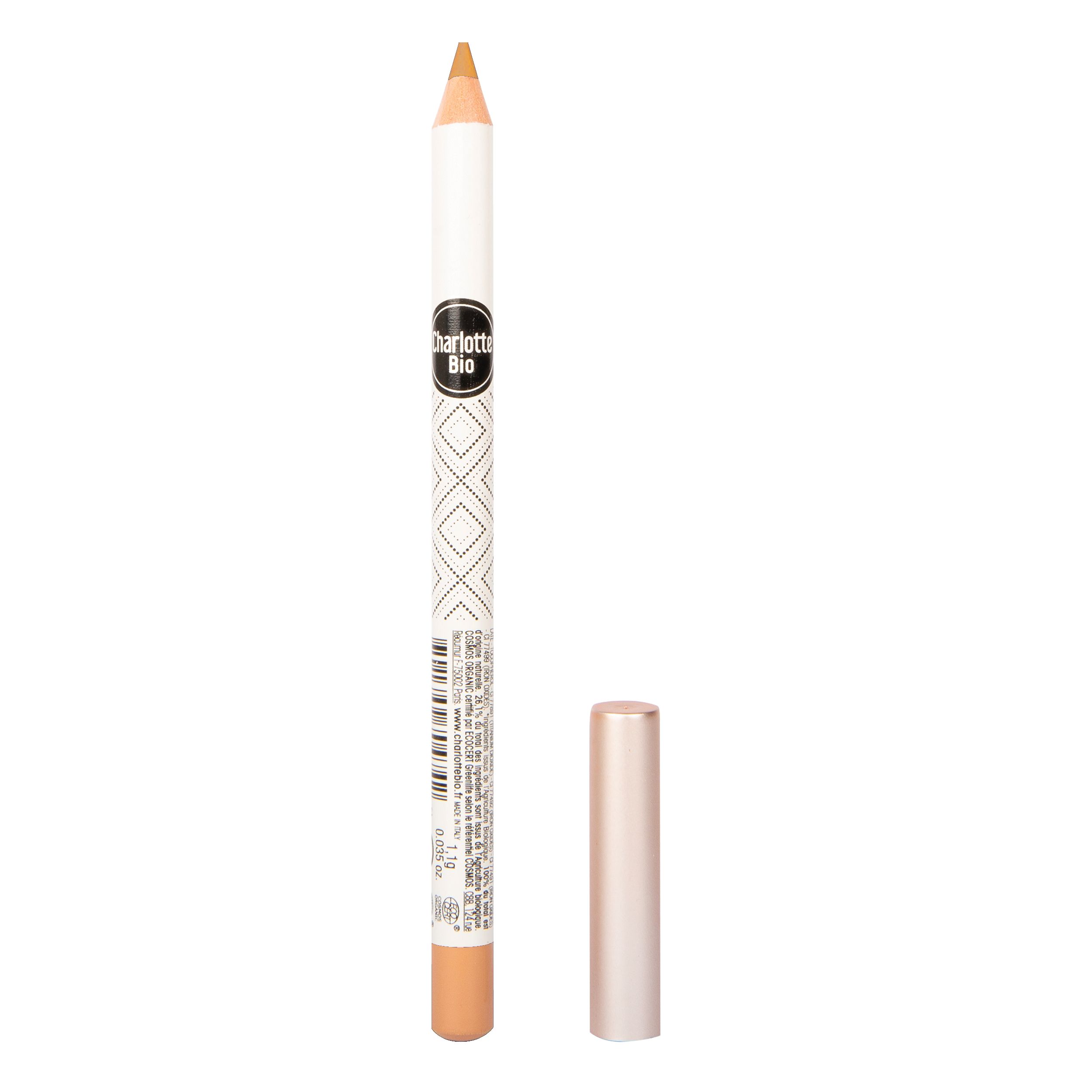 Crayon pour les yeux doré avec corps blanc et capuchon rose. Le crayon porte l'inscription "Charlotte Bio".