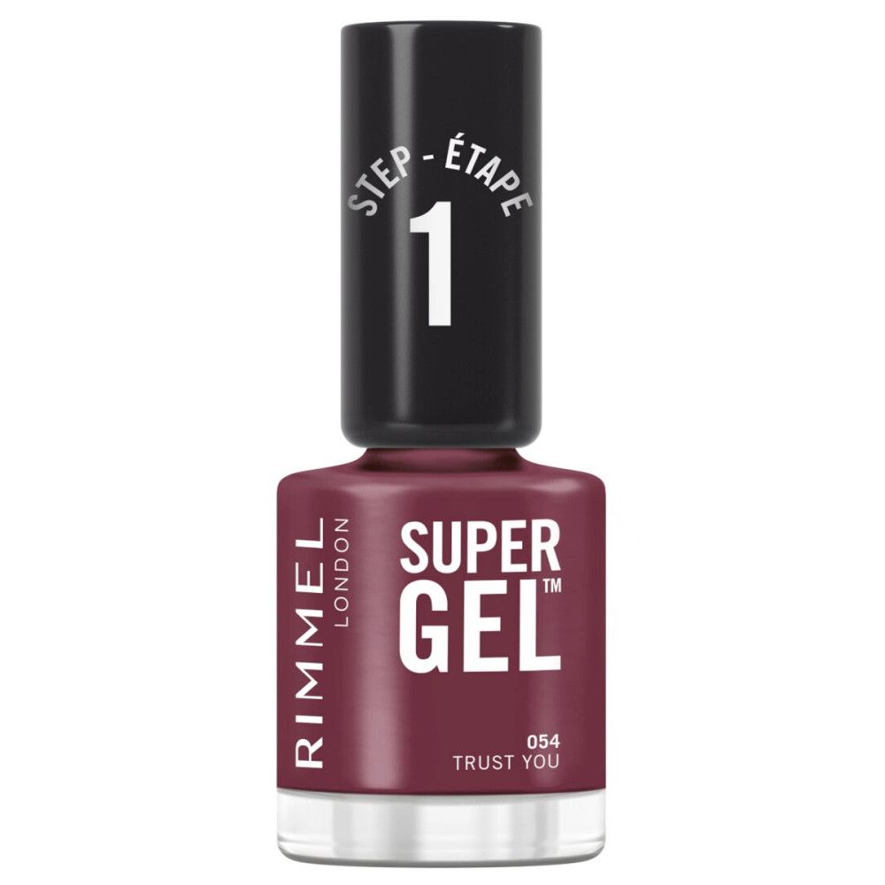 Flacon de vernis à ongles avec bouchon noir. Inscription 'SUPER Gel' et 'RIMMEL LONDON'. Couleur: rouge foncé.