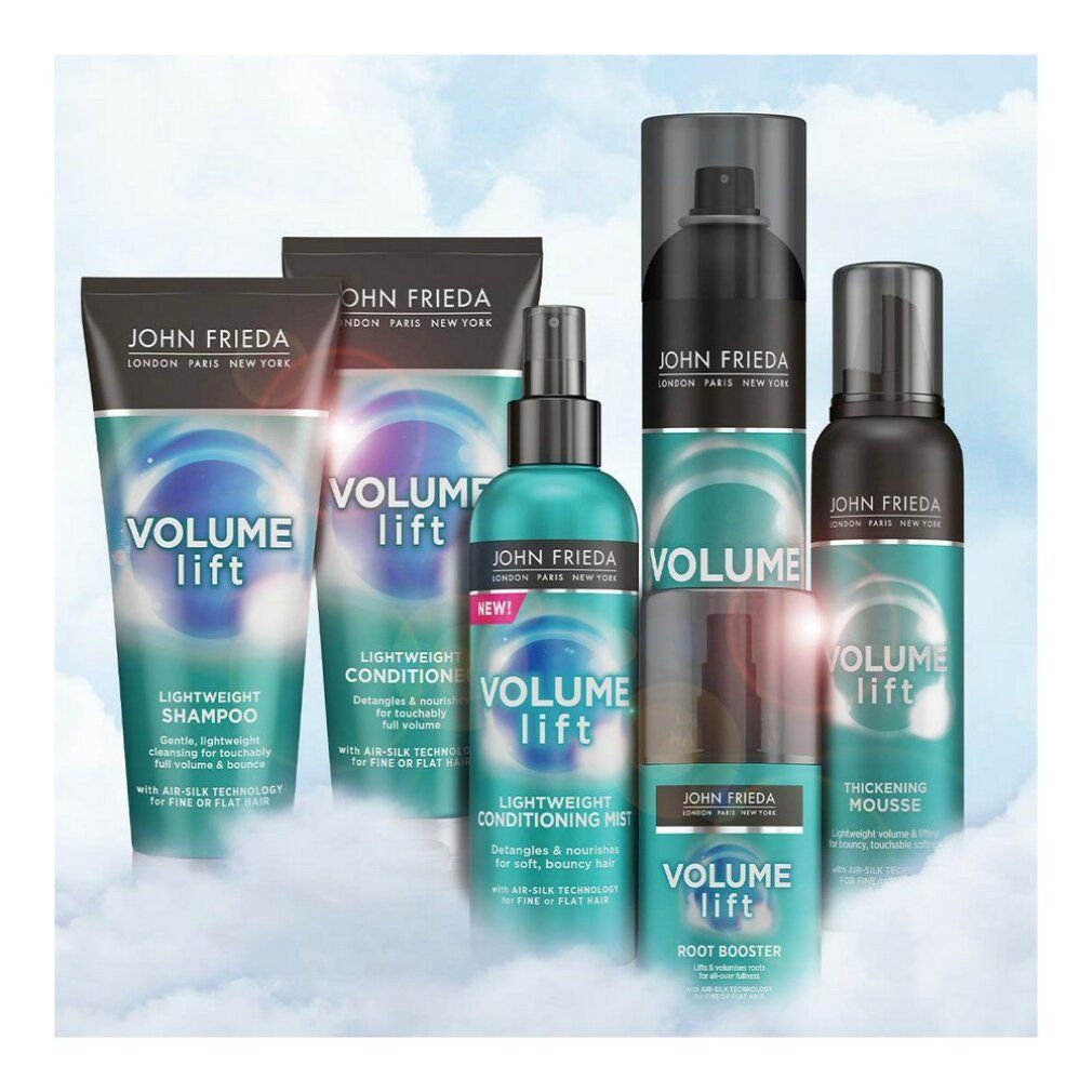 Plusieurs produits John Frieda Volume Lift. Bouteilles, tubes, sprays. Texte: Volume Lift, Shampooing, Conditionneur, Mousse.