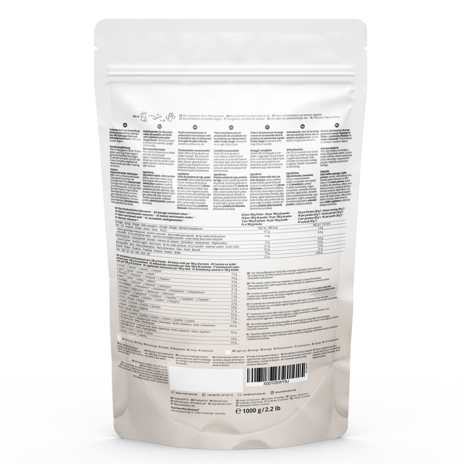 Dos du paquet de poudre de protéines. Texte multilingue, informations nutritionnelles, liste des ingrédients, code-barres.