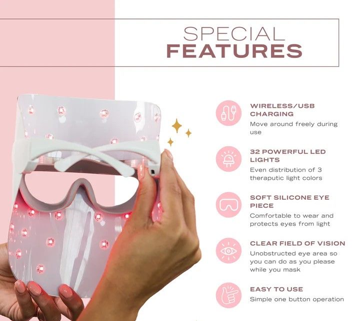 Un masque LED rose avec lumières rouges et texte sur les caractéristiques spéciales.