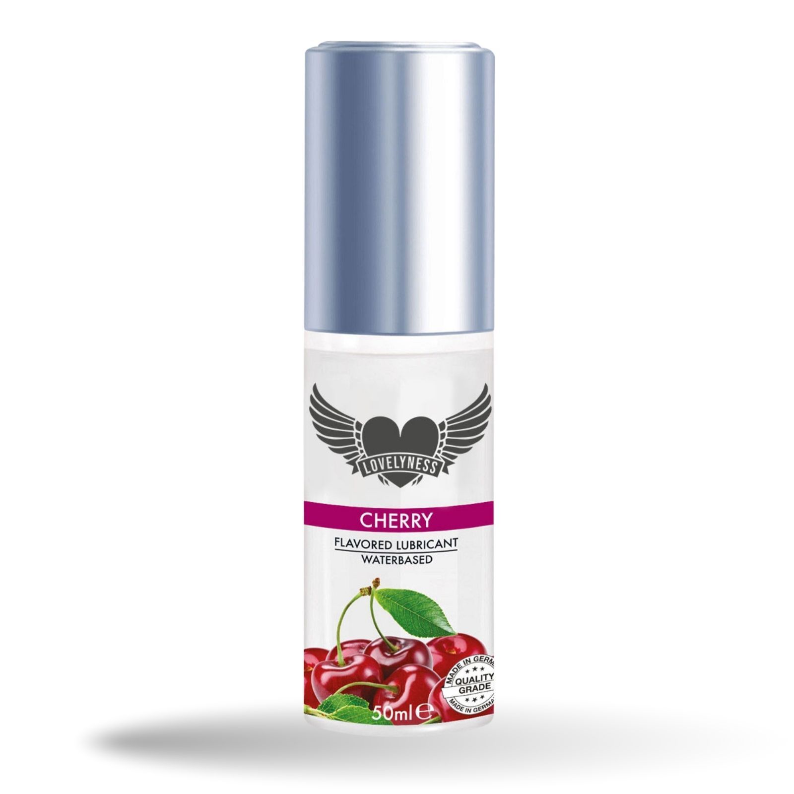 Glijmiddel fles met kersensmaak. Opschrift: Cherry, Flavored Lubricant, Waterbased. Kers afgebeeld.