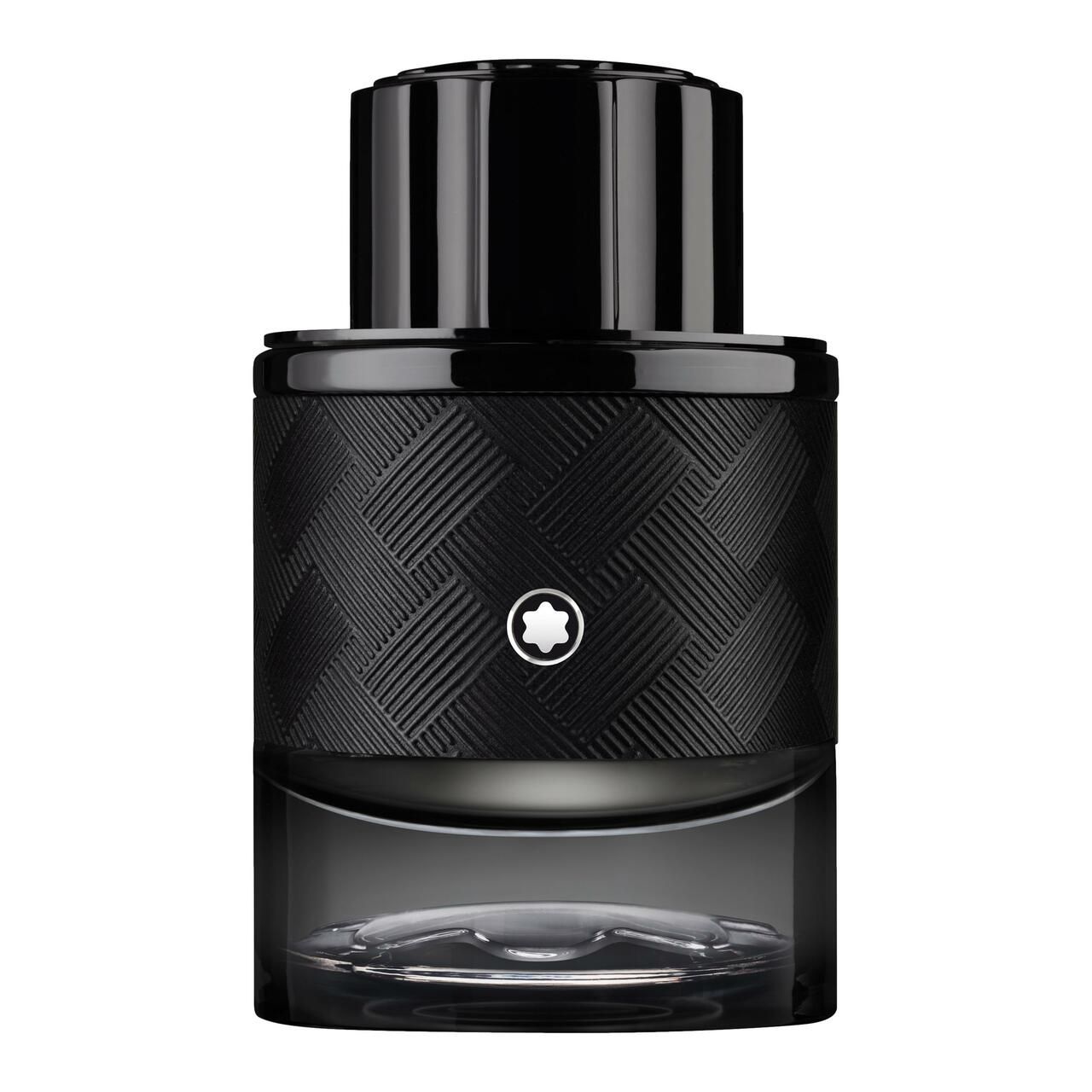 Flacon noir avec surface texturée et logo Montblanc. Bouchon noir.