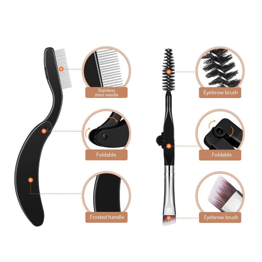 Peigne à sourcils pliable avec aiguilles en acier inoxydable et manche givré. Brosse à sourcils séparée pliable.