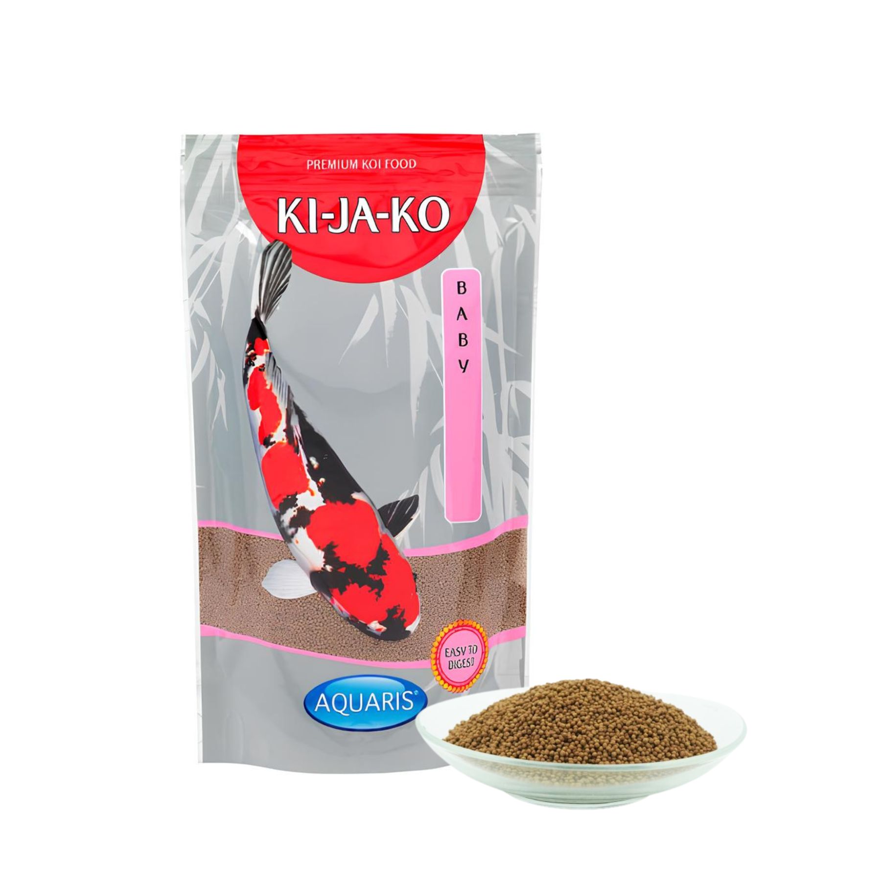 Verpakking van KI-JA-KO Koifischfutter Baby. Afbeelding van een koi-vis. Daarnaast voer in een kom.