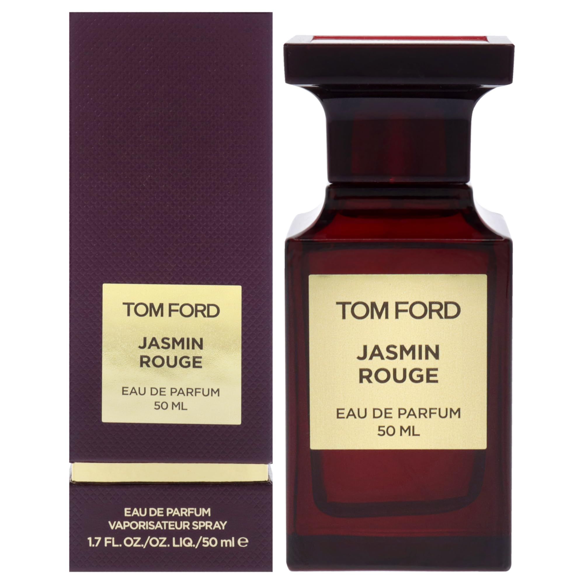 Donkerrode fles en verpakking. Opschrift: Tom Ford Jasmin Rouge. Eau de Parfum. 50 ml. Rechthoekige vorm.