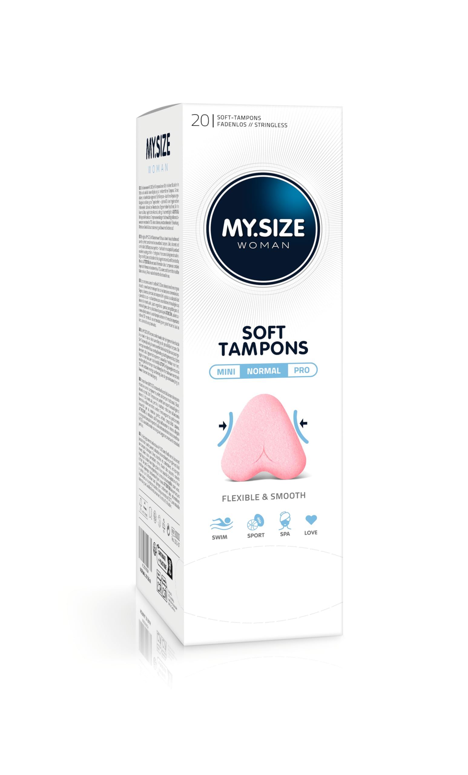 Emballage MY.SIZE Woman Soft Tampons Normal, 20 pièces. Forme de tampon rose illustrée.