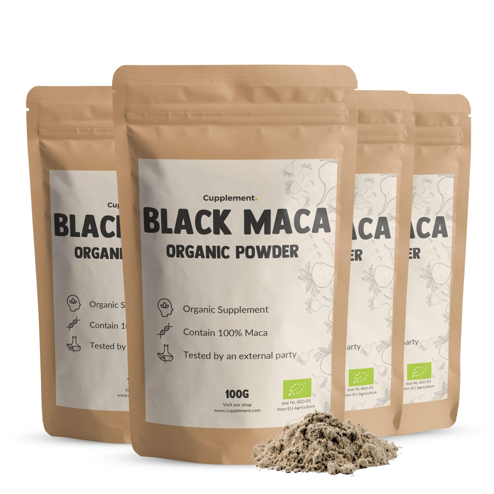 Quatre sachets de poudre de Maca Noire Cupplement. Emballage brun avec étiquette blanche. 100g, label bio.