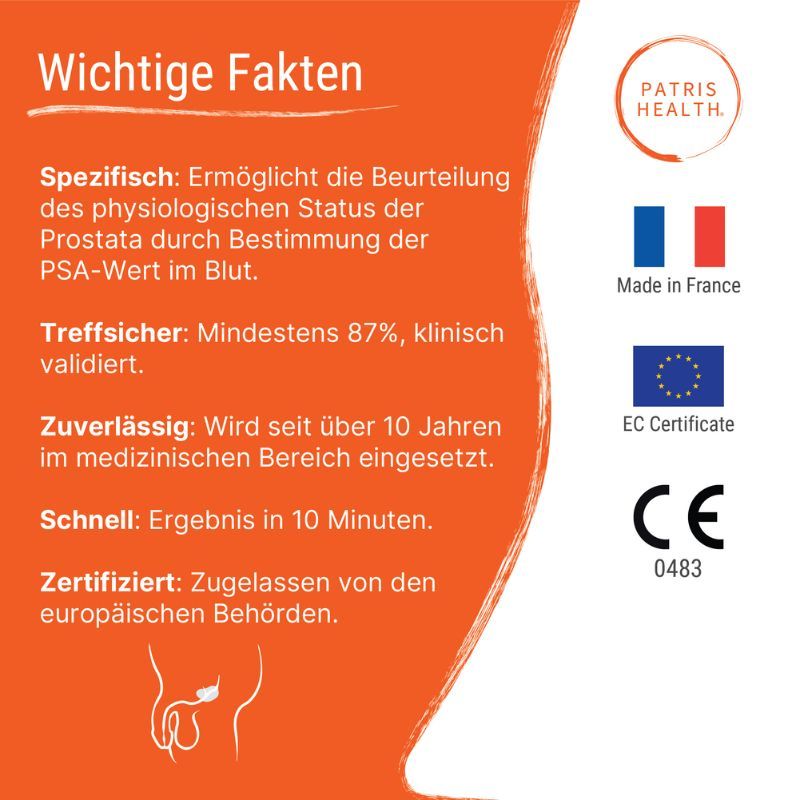 Informations sur le test Patris Health® Prostata-PSA. Texte avec faits, logos et certifications.
