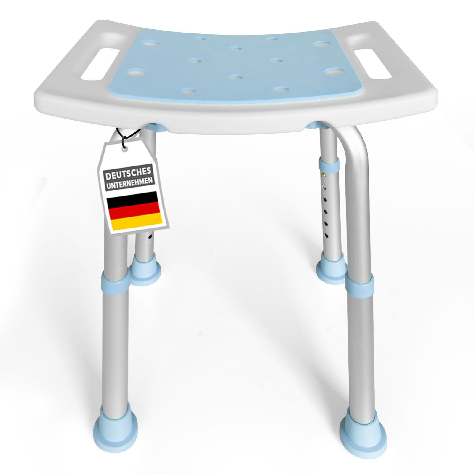 Tabouret de douche bleu et blanc, pieds réglables. Étiquette « Deutsches Unternehmen ».