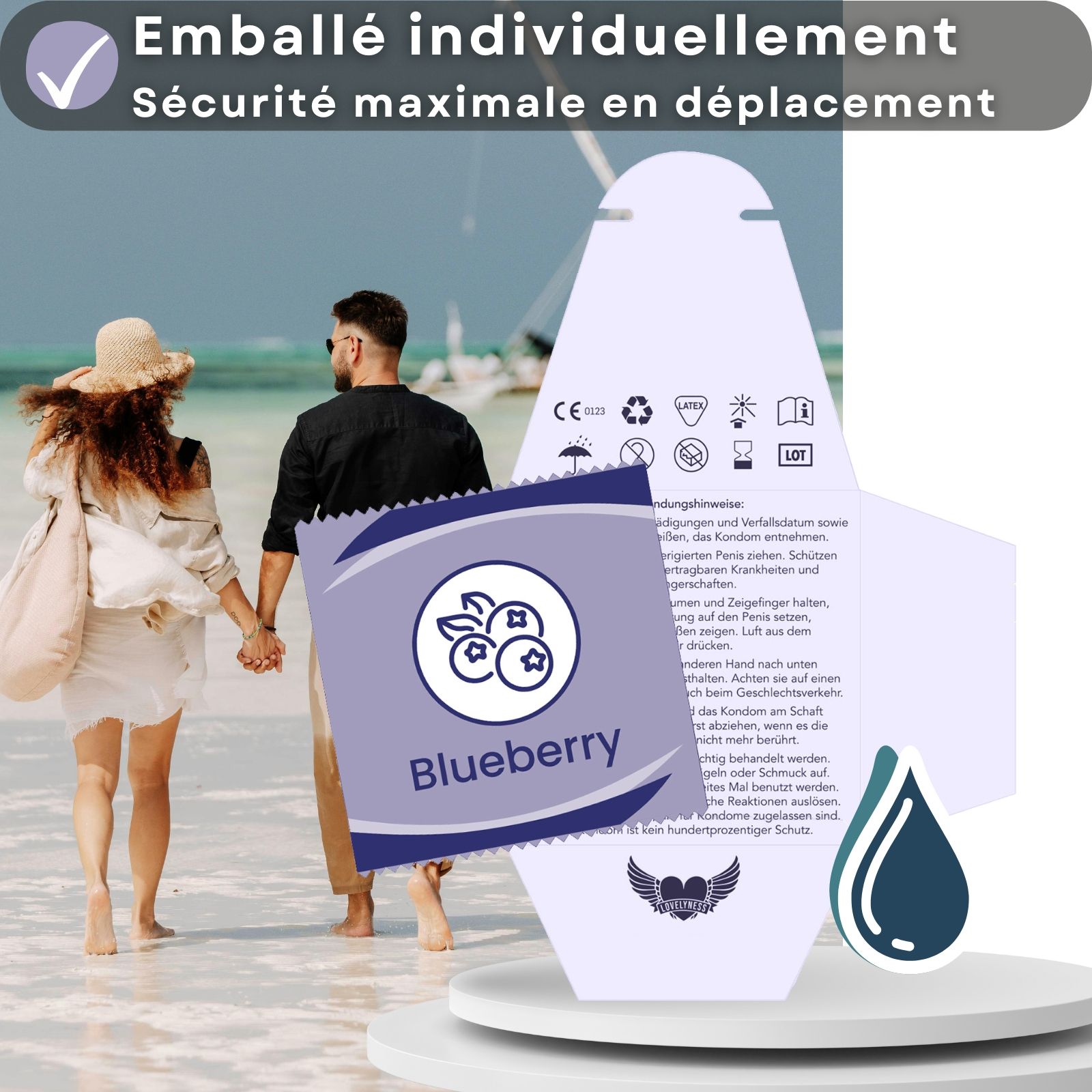 Préservatifs saveur myrtille. Emballage individuel. Sécurité optimale en déplacement.