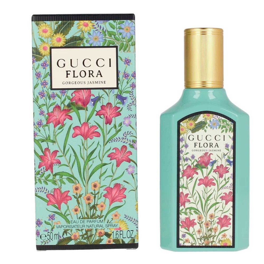 Flacon et boîte côte à côte. Flacon turquoise, motif floral, nom du produit. Boîte avec motif floral.