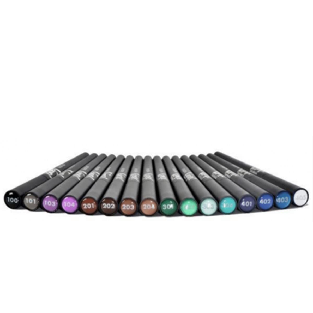 Rangée d'eyeliners de différentes couleurs. Stylos noirs avec extrémités colorées. Numéros de 100 à 403.