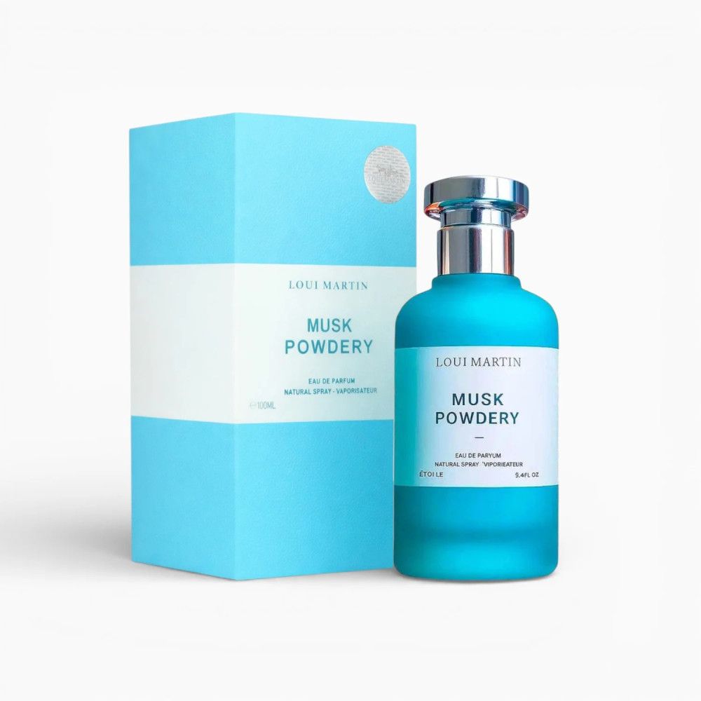Turquoise fles naast turquoise doos. Op fles en doos: "Loui Martin Musk Powdery Eau de Parfum". 
