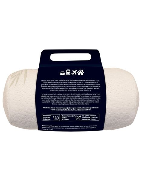Achterkant van het witte bamboe pinda kussen. Tekst: productinformatie, wasvoorschriften. Logo Lucovitaal. Verpakking.