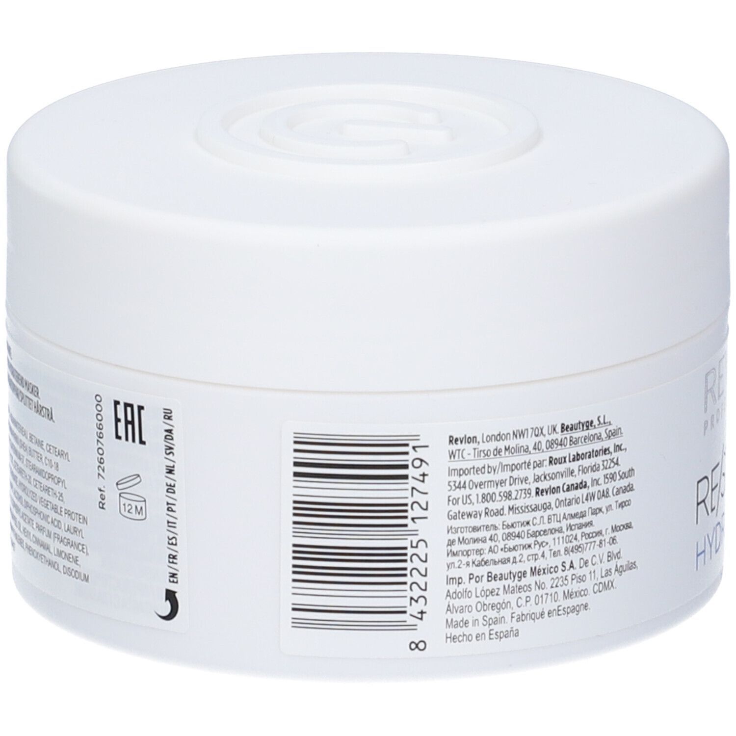 Witte pot met deksel. Opschrift: RE/START HYDRATION, MOISTURE RICH MASK. Barcode en tekst.