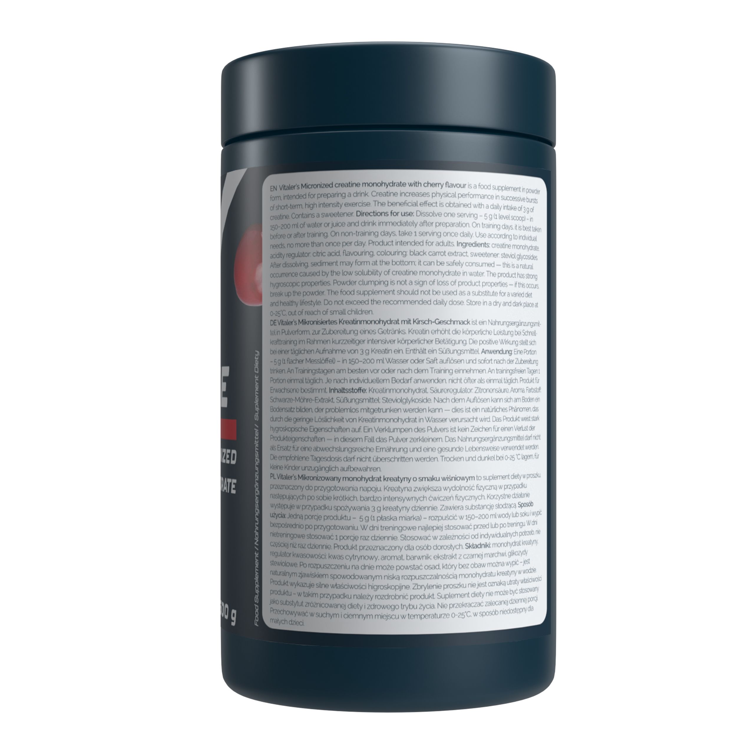 Récipient bleu foncé avec informations et illustration de cerises. Contient Vitaler's Sport Créatine Monohydrate.