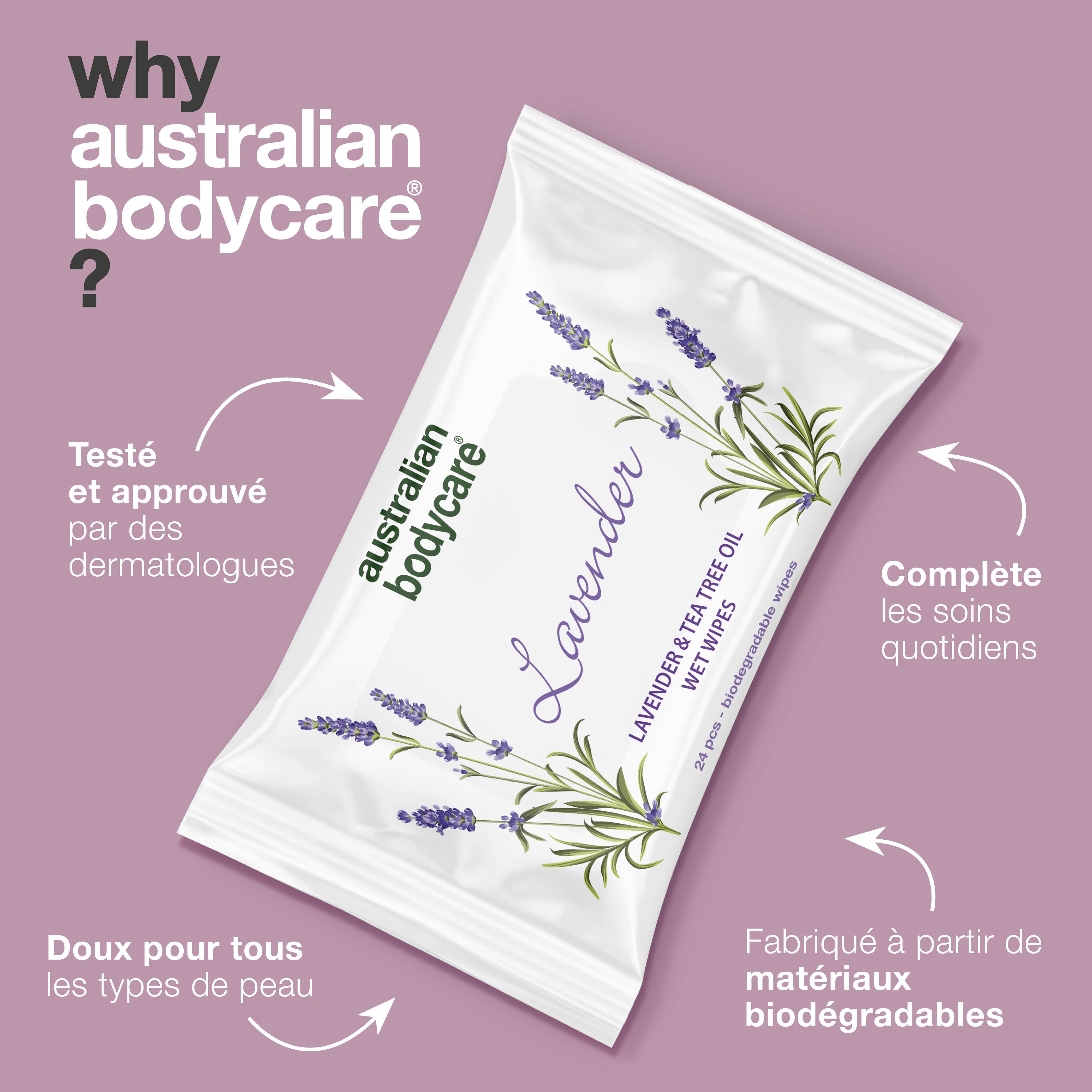Emballage avec "australian bodycare" et "Lavender". Texte: Testé par des dermatologues. Pour tous types de peau.