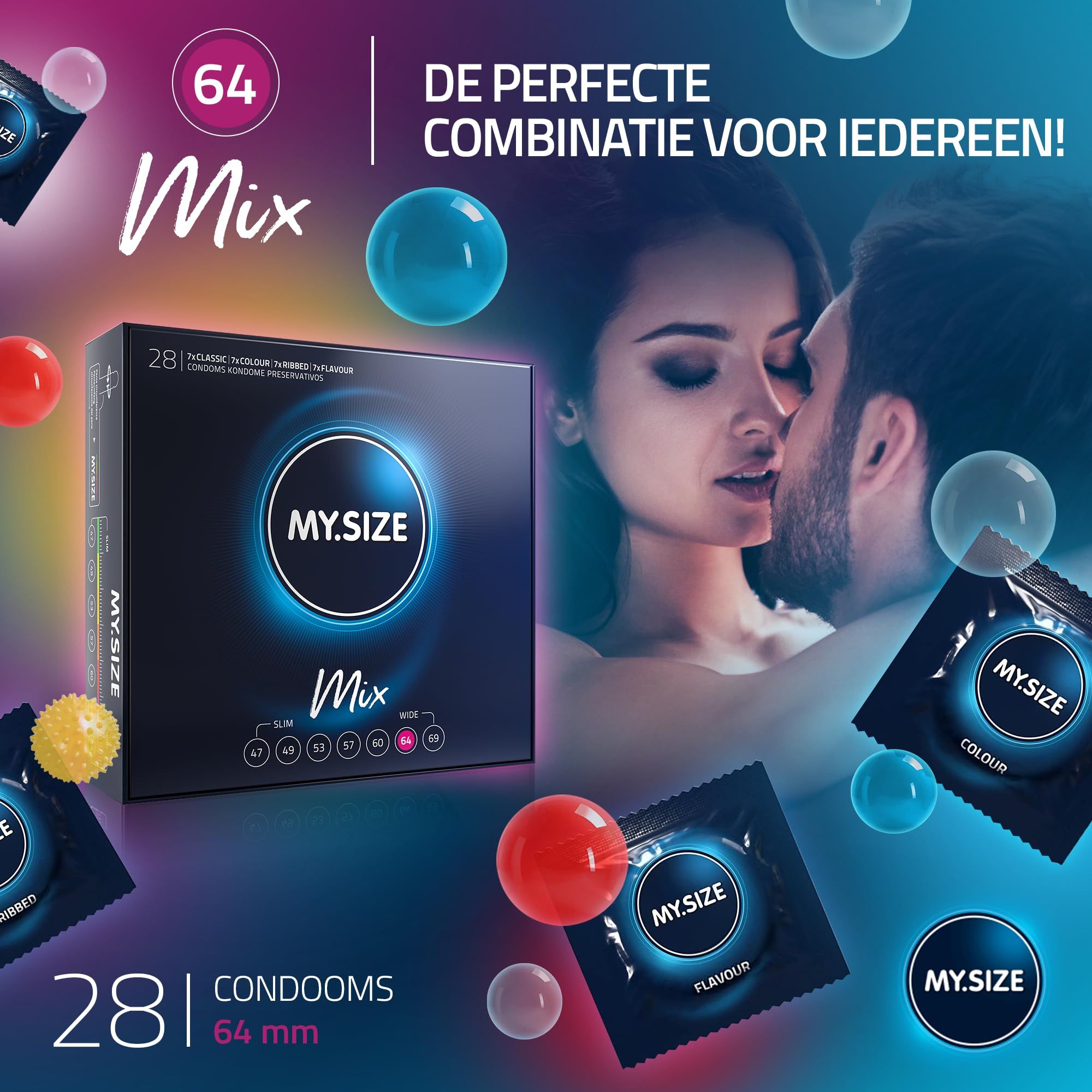 MY.SIZE Mix condooms 64mm. Verpakking naast een koppel en individuele verpakkingen. Maataanduiding.
