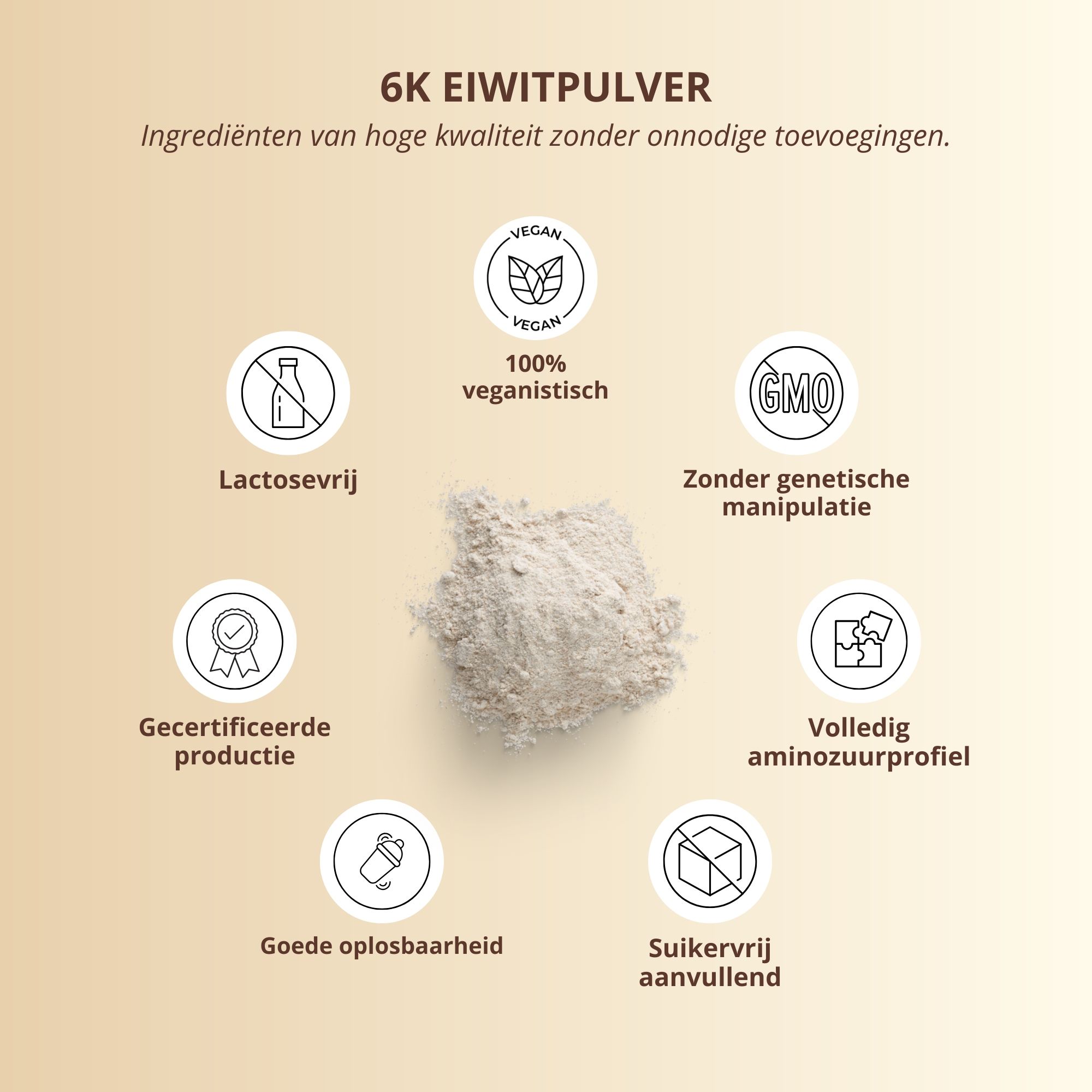 Nutri+ 6K Eiwitpoeder: 100% veganistisch, lactosevrij, GGO-vrij, gecertificeerde productie, zonder toegevoegde suiker.