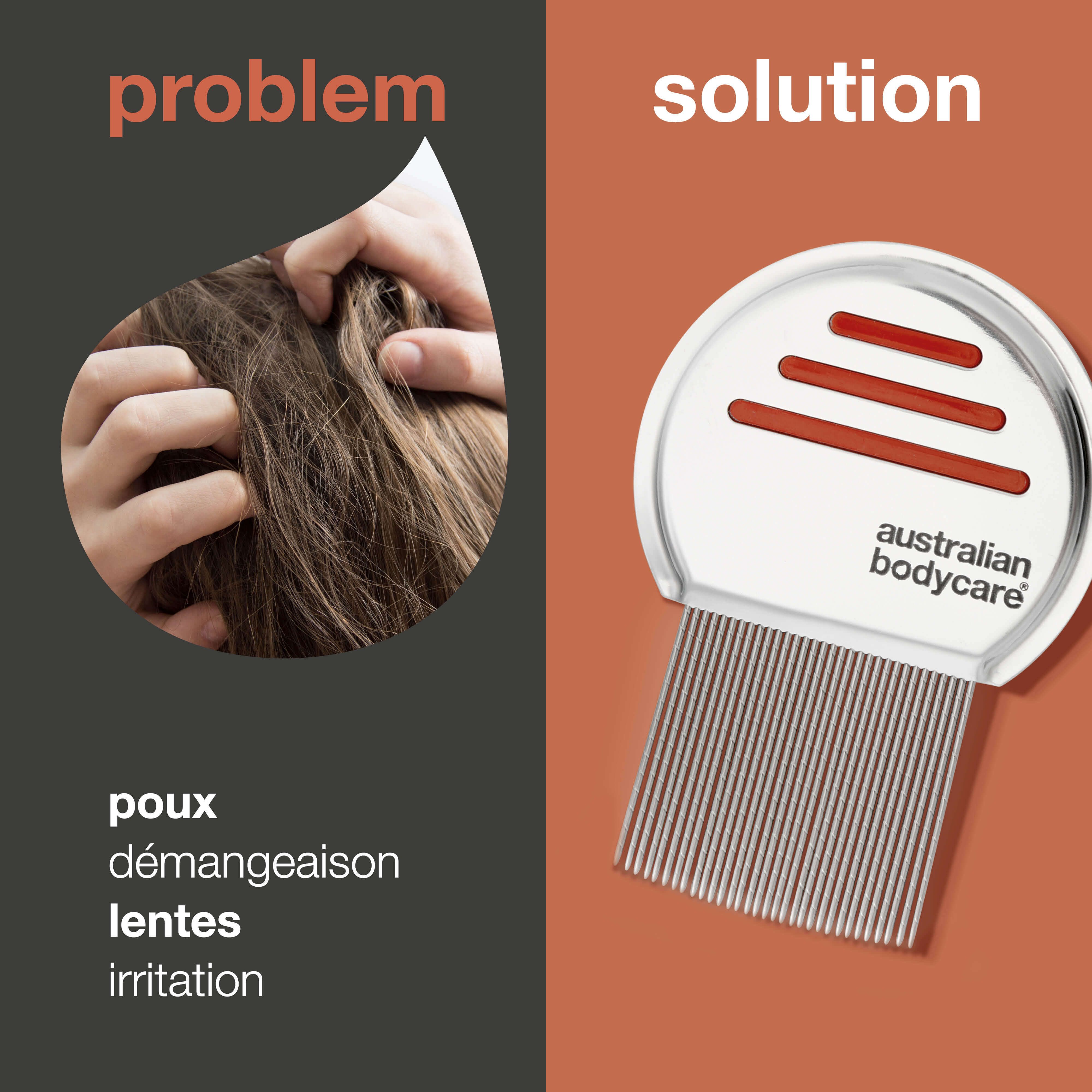 Image divisée. Gauche : personne se gratte la tête. Droite : peigne à poux avec texte : Australian Bodycare.