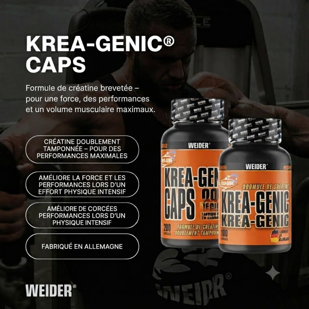 Deux bouteilles de WEIDER MAXIMUM KREA-GENIC Gélules, 200 et 100 unités, devant un homme dans une salle de sport.