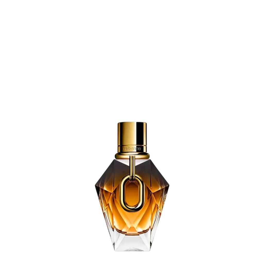 Gouden parfumfles, facetglas. Gouden dop met ring. Merk zichtbaar.