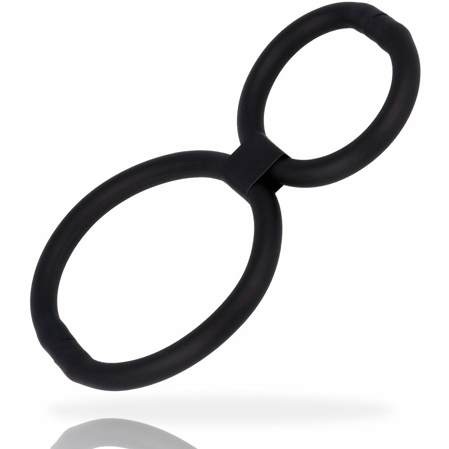 Een zwarte, verstelbare ring voor de penis, gevormd als een acht, op een witte achtergrond.