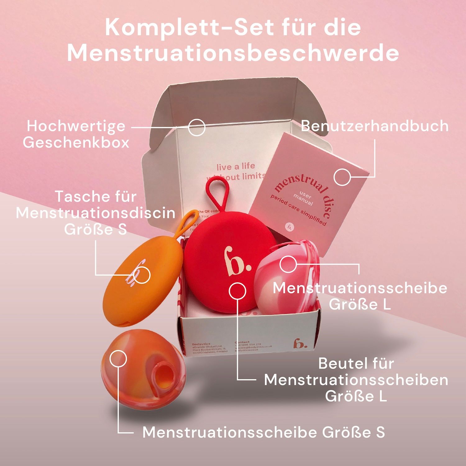 Ensemble de produits avec disques menstruels, pochette, manuel et coffret cadeau. Tailles S et L.