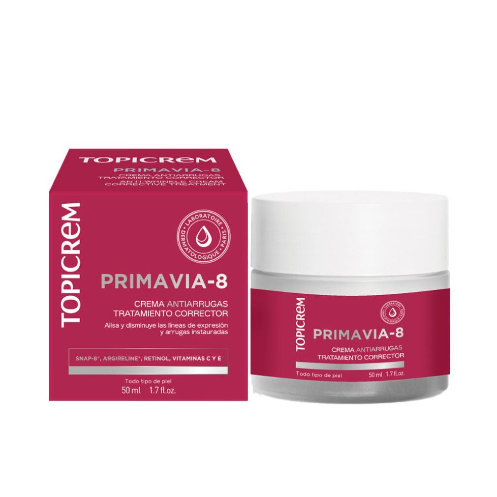 Topicrem Primavia-8 crème anti-âge, pot et boîte. Emballage rouge avec texte blanc. Nom du produit et logo visibles.