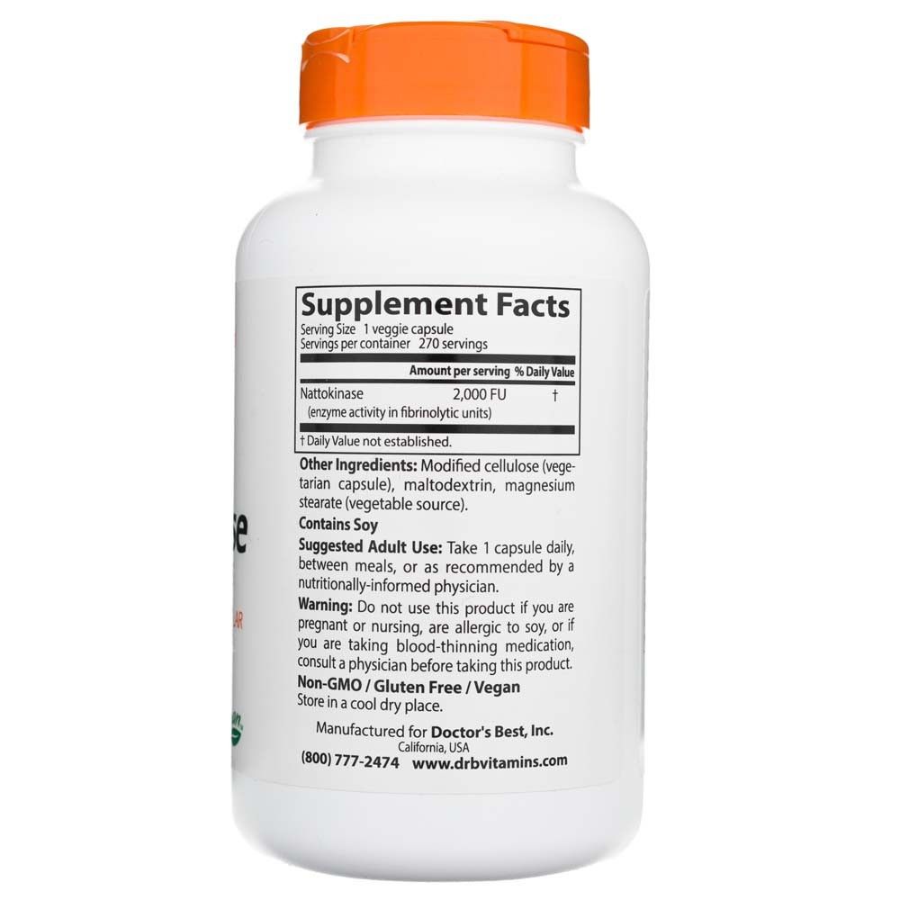 Dos d'une bouteille Doctor's Best Nattokinase avec informations nutritionnelles et ingrédients. 270 portions.