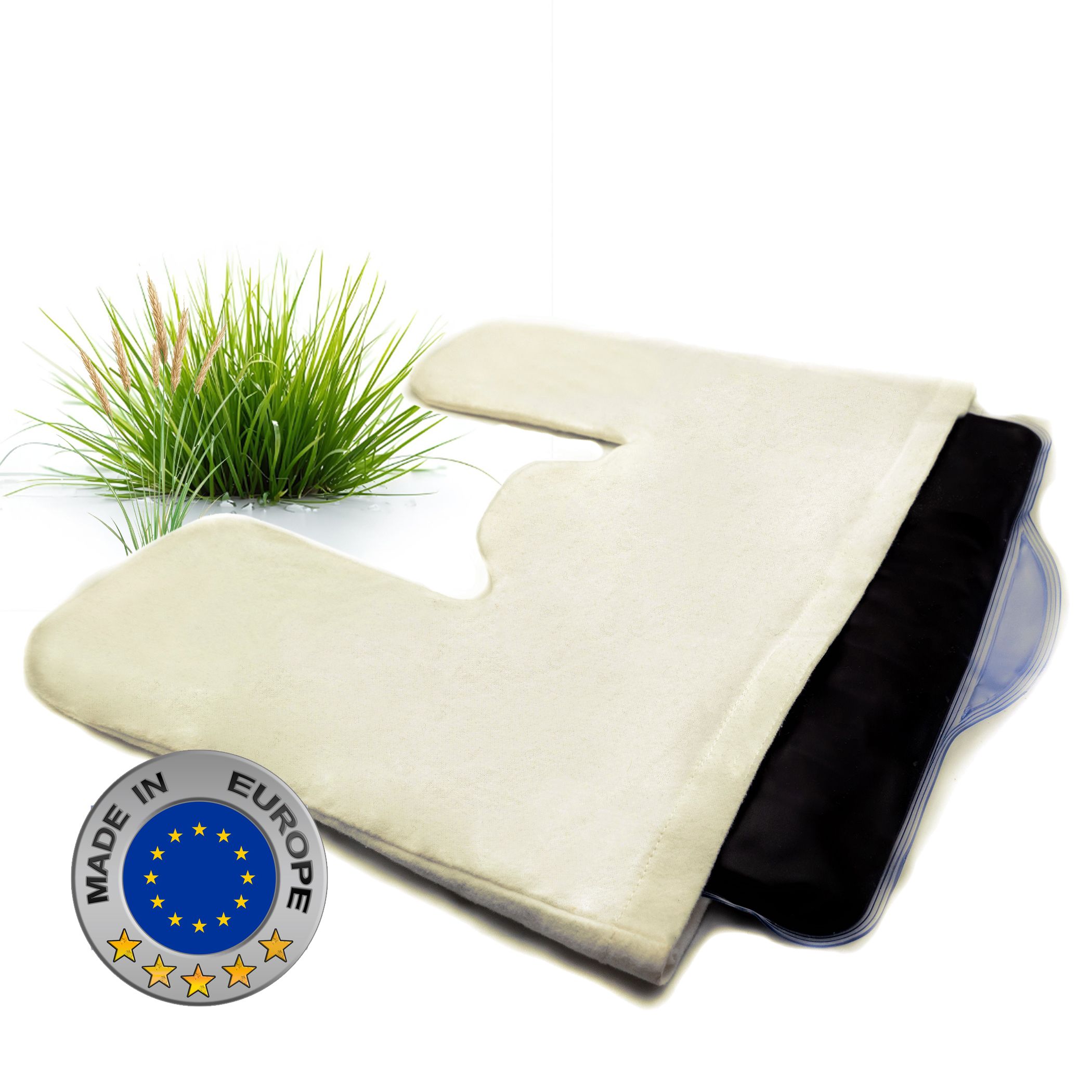 Nek kussen met natuurlijke veen vulling en katoenen hoes. EU-certificering. Wit kussen met zwarte inzet.