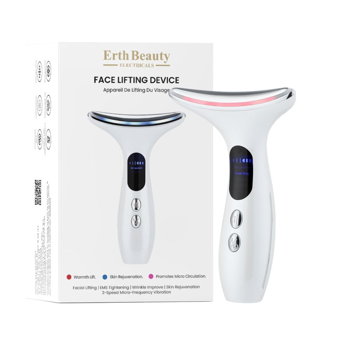 Appareil de lifting facial et son emballage avec informations produit.