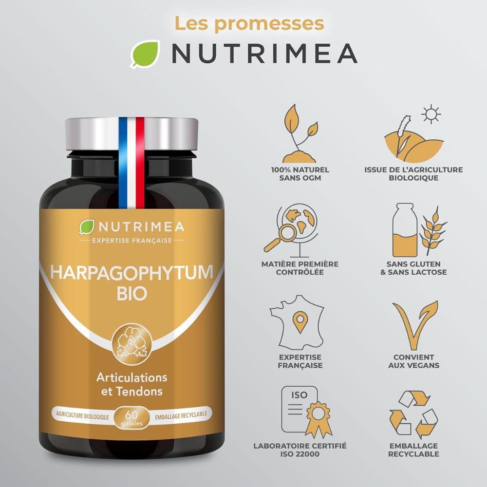 Flacon de capsules. Texte : "HARPAGOPHYTUM BIO", "Articulations et Tendons". Icônes : naturel, vegan, sans gluten, etc. ISO.