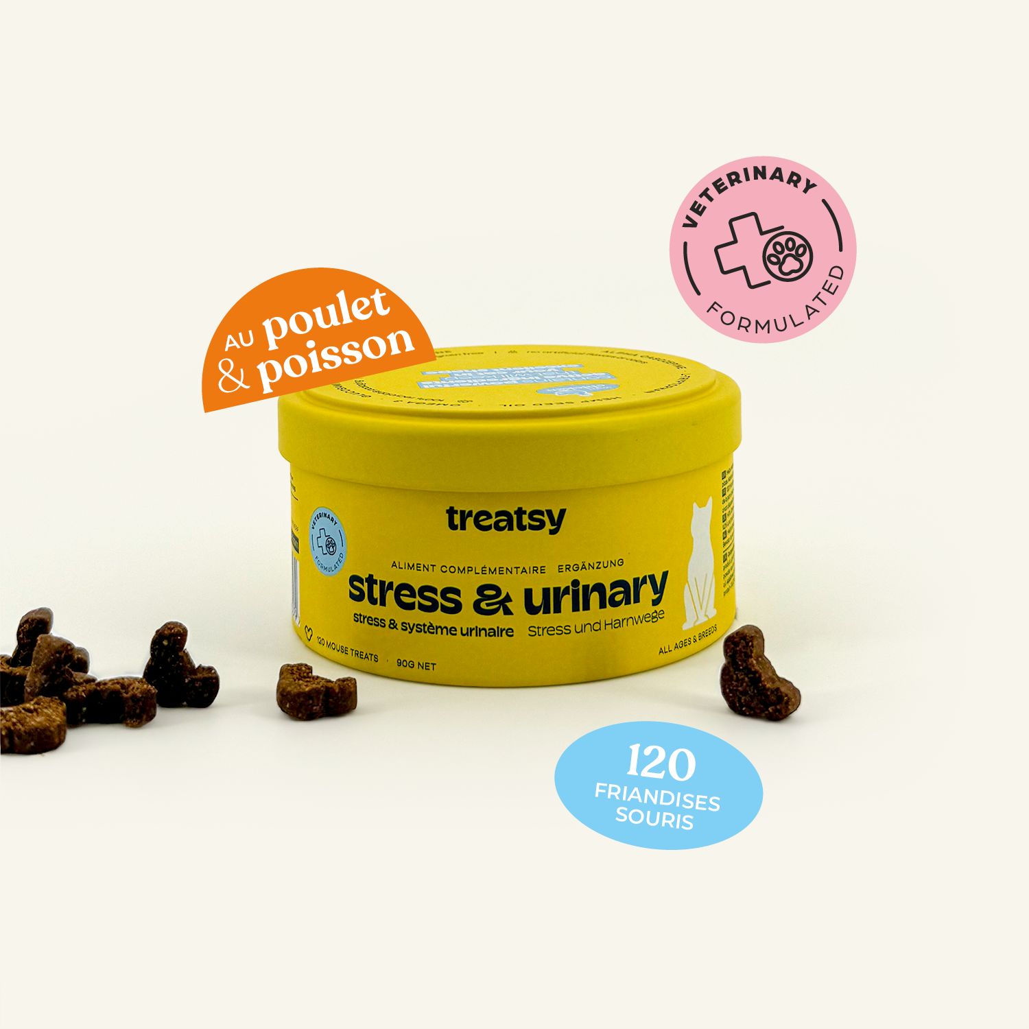 Boîte jaune « Treatsy Stress & Urinary ». Friandises marron et autocollants.