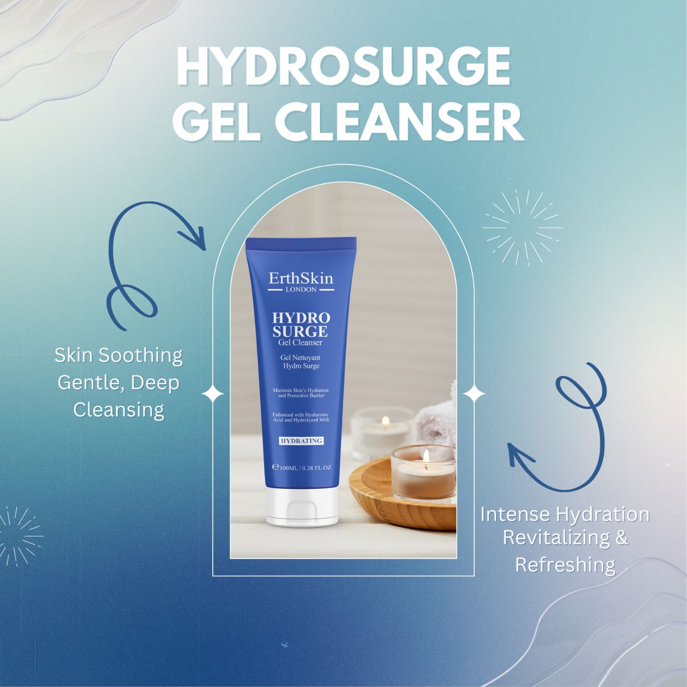 Tube bleue HYDROSURGE Gel Cleanser. Texte: ErthSkin London, HYDROSURGE Gel Cleanser. Illustrations: apaise la peau, hydratation intense, nettoyage doux.