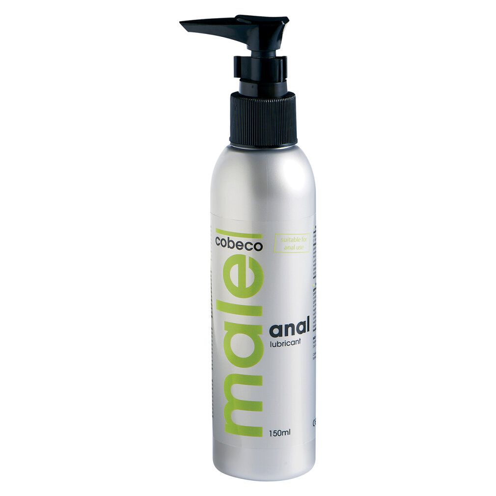 Flacon argenté avec pompe noire. Inscription: male anal lubricant. Marque: Cobeco.