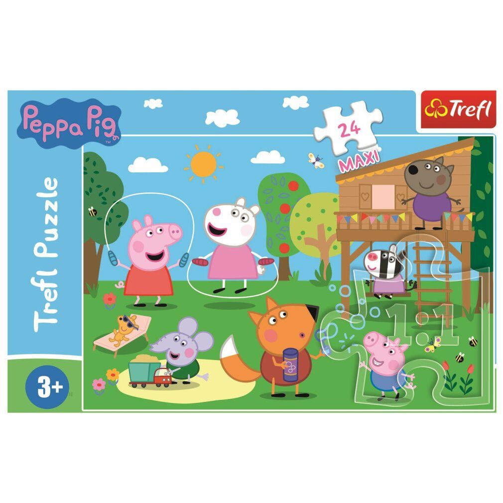 Puzzeldoos Pz. Maxi Peppa Pig 24T. Afbeelding van Peppa Pig en vrienden in de tuin. Trefl logo, leeftijd 3+.
