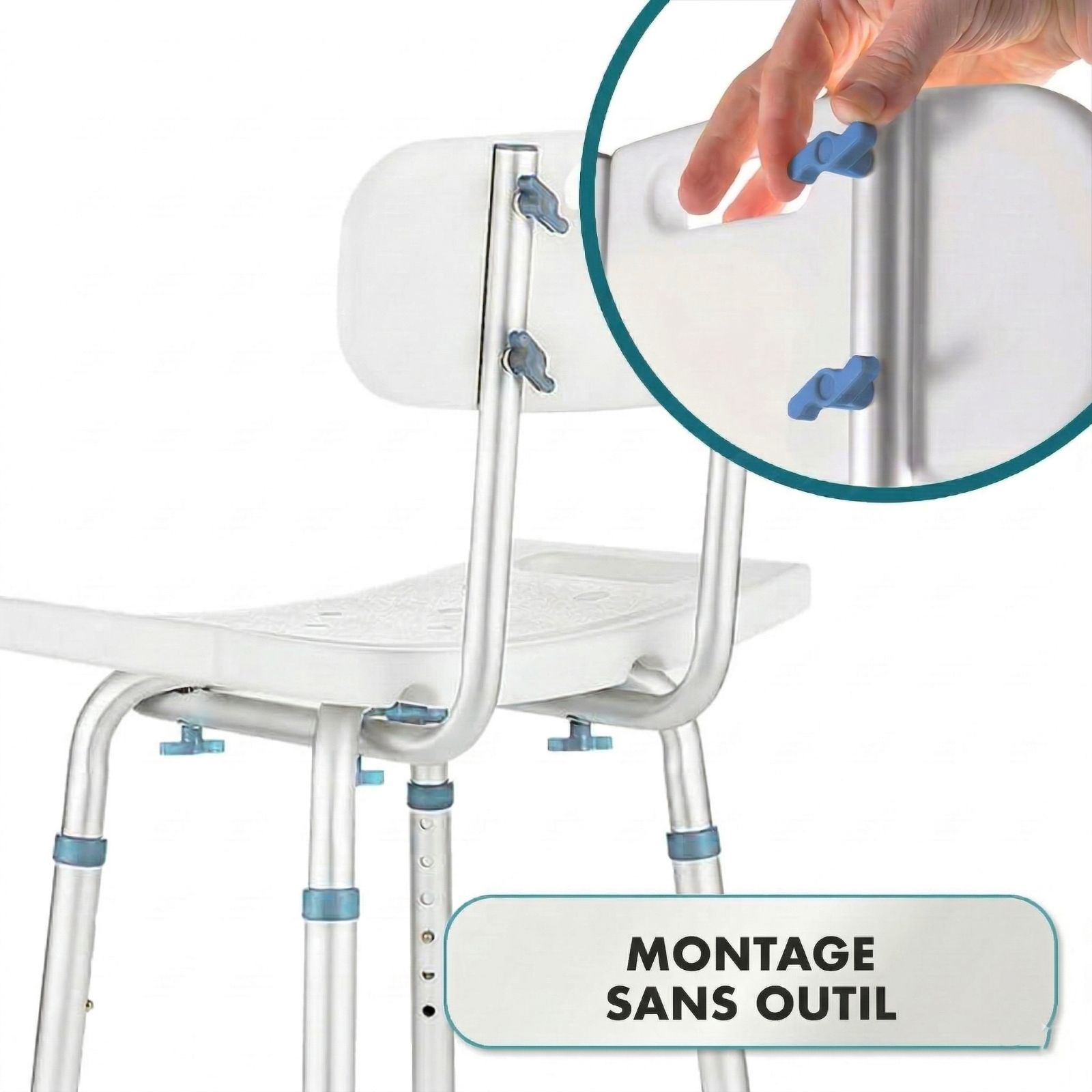 Chaise de douche avec dossier. Montage sans outil. Vis bleues.