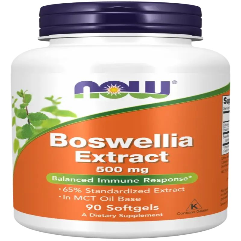 Flacon blanc de supplément avec couvercle bleu. Étiquette orange avec texte: Boswellia Extract 500 mg. Marque: NOW.