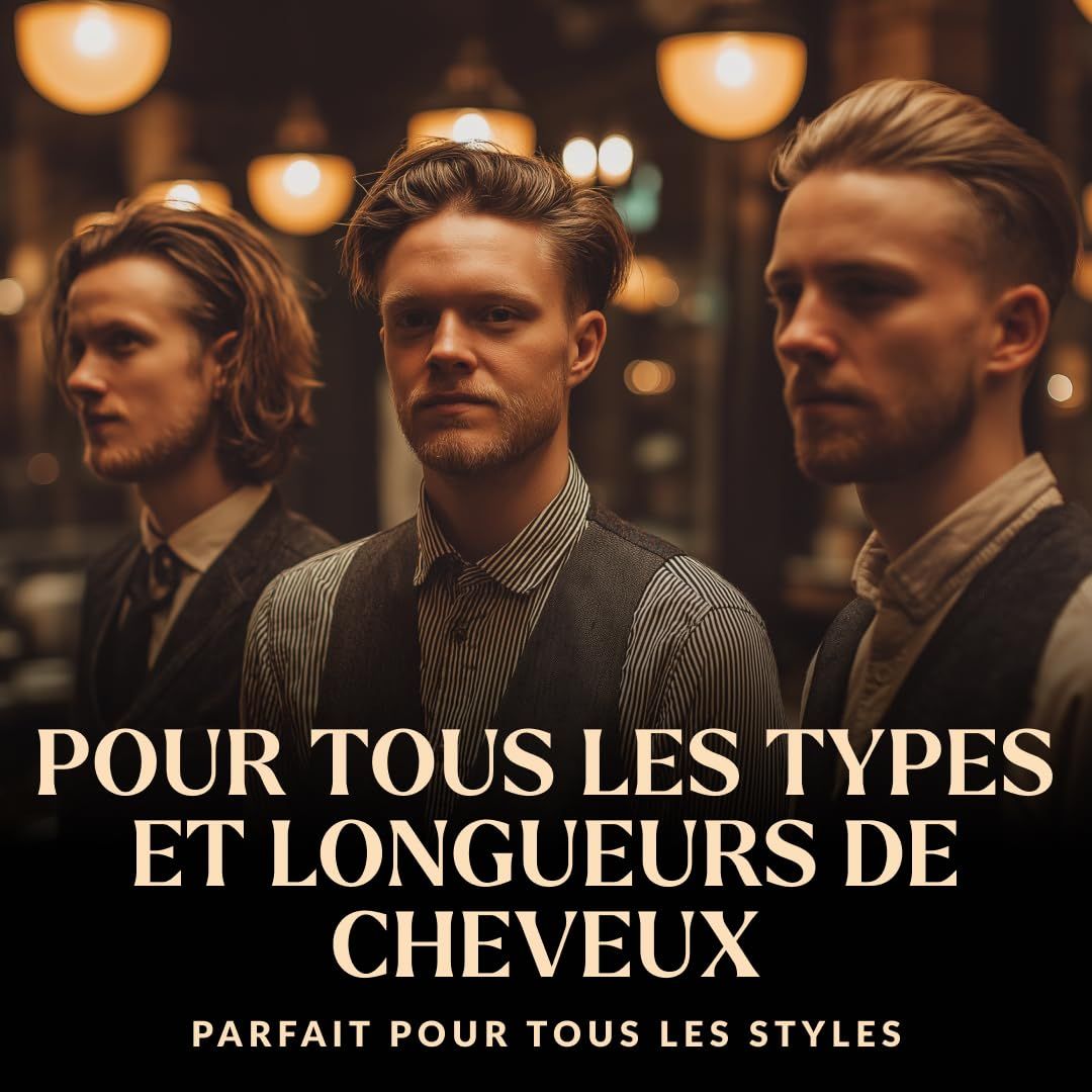 Trois hommes aux coiffures variées, texte : Pour tous les types et longueurs de cheveux, parfait pour tous les styles.