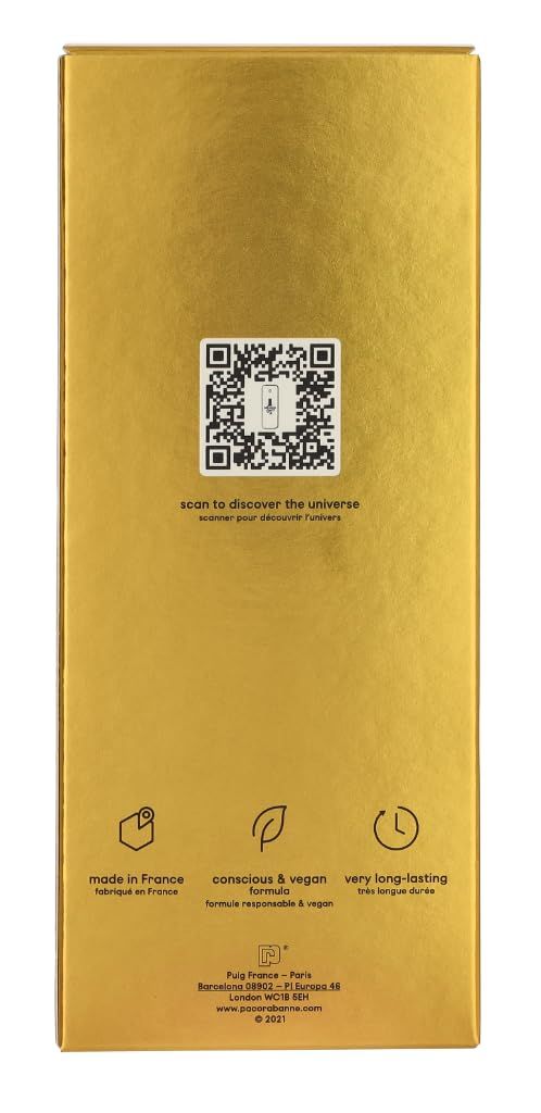 Emballage doré. Code QR et logos. Texte: Made in France, conscious & vegan, very long-lasting.