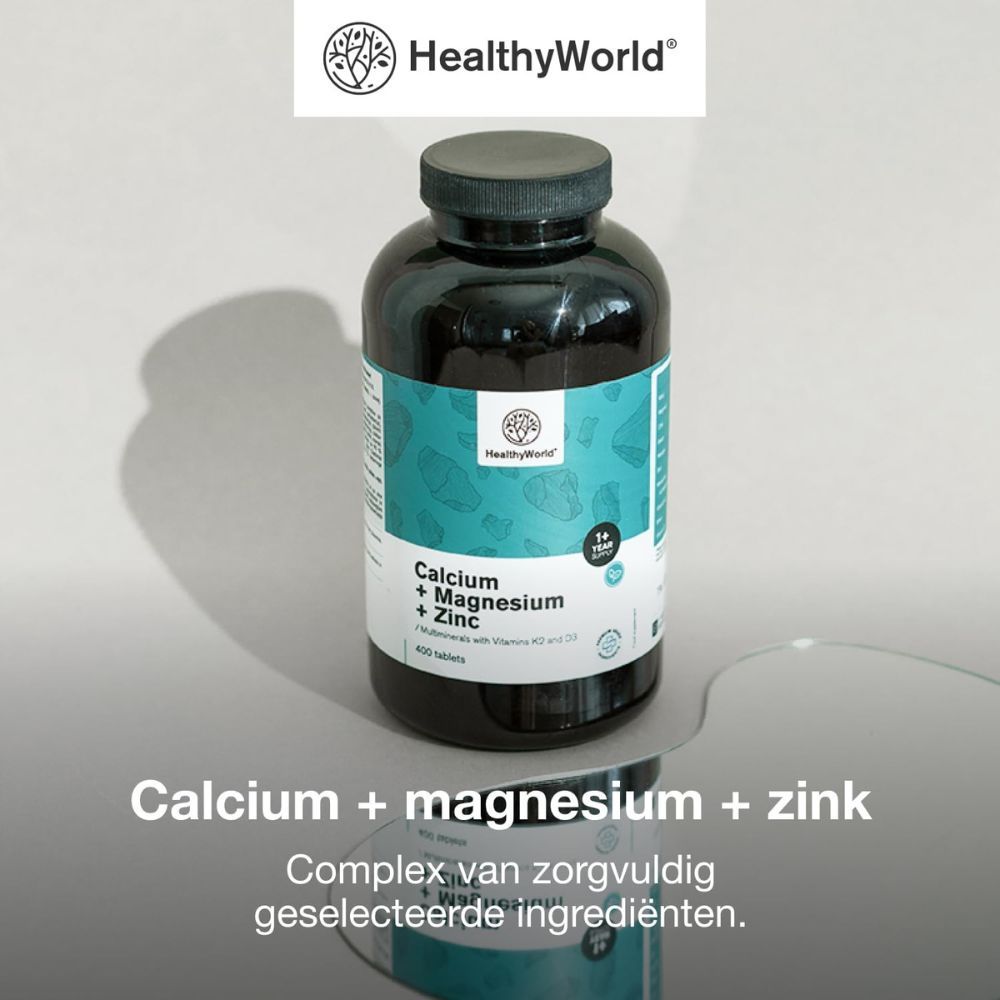 Fles met tabletten. Tekst: Calcium + magnesium + zink, 400 tabletten. Geselecteerde ingrediënten.