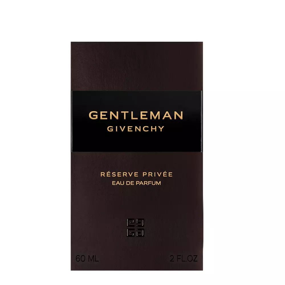 Givenchy Gentleman Réserve Privée Eau de Parfum. Boîte marron avec logo et texte. 60 ml et 2 FL.OZ.