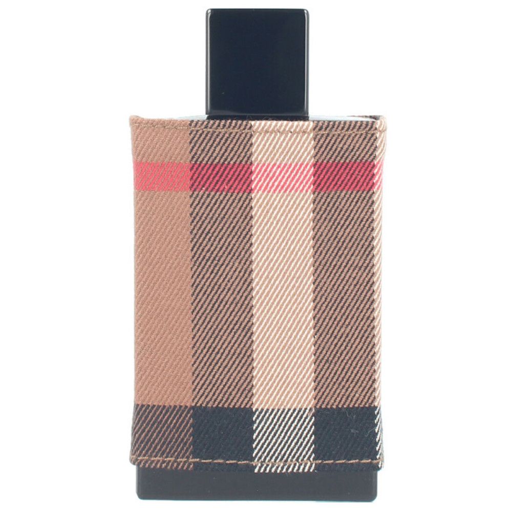 Flacon rectangulaire avec bouchon noir. Le flacon est recouvert du motif à carreaux Burberry.