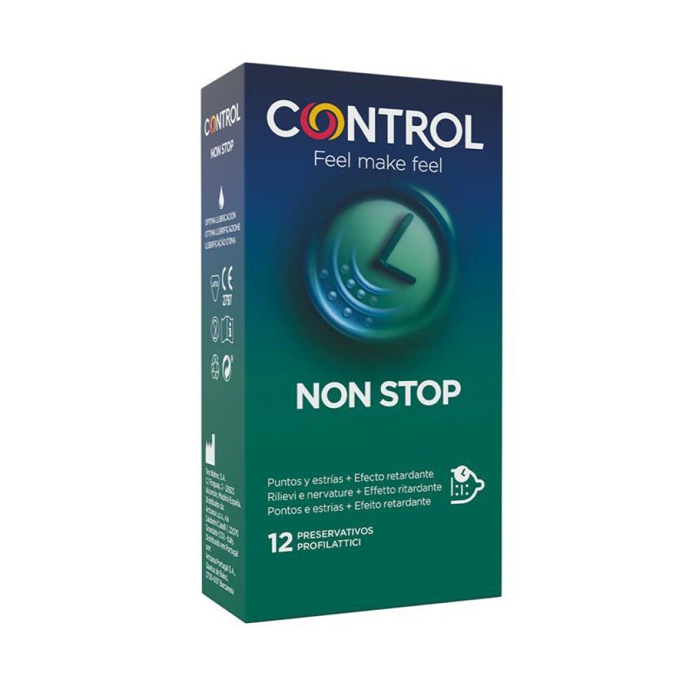 Control Non Stop condoomverpakking met 12 stuks. Linker zijkant met productinformatie en symbolen.