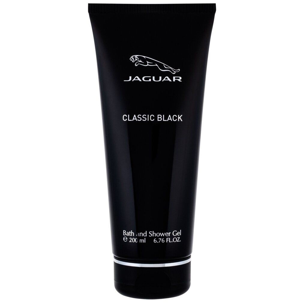 Zwarte tube met Jaguar-logo en tekst CLASSIC BLACK. Bevat Bath and Shower Gel.